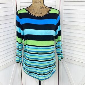 Ruby Rd. Beaded Neckline Striped Shirt Teal Lime‎ Black Small